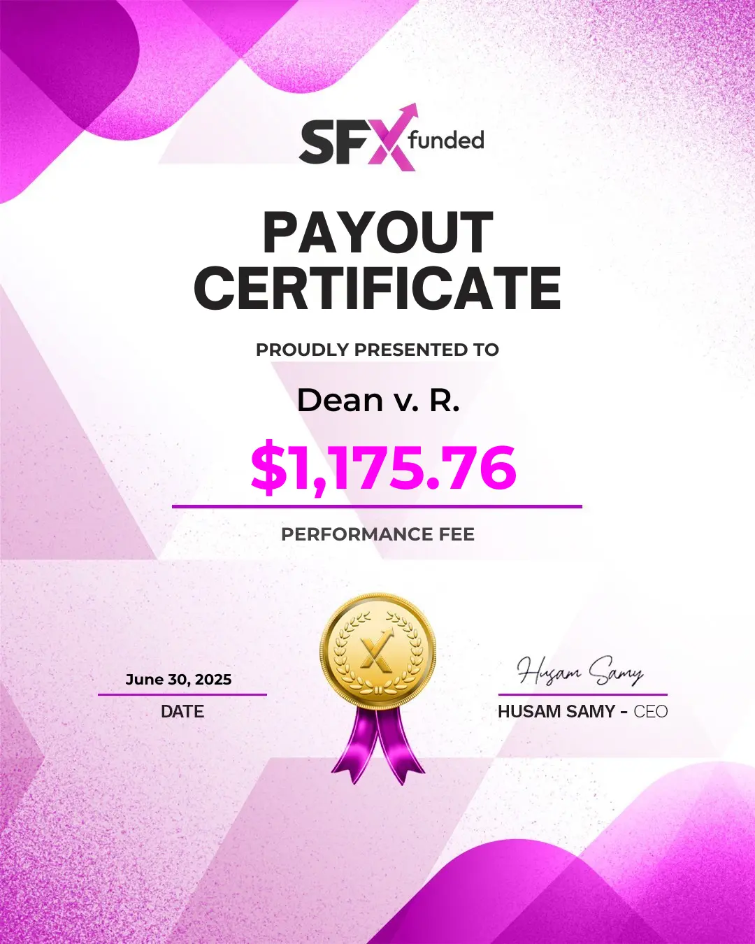 SFX Funded verified payment certificate showing trader earnings of $1,175.76